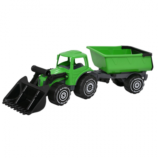 Plasto Traktor med frontlæsser og trailer - Grøn/Sort i gruppen Nyheder hos Spelexperten (1672000GRB)