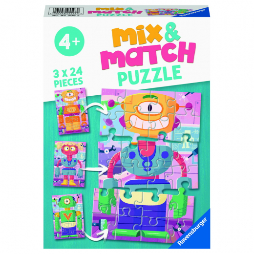 Ravensburger: Mix & Match Cute Robots 3x24 Brikker i gruppen PUSLESPIL / Puslespil til børn hos Spelexperten (10105598)