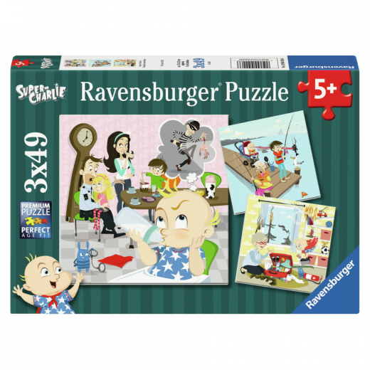 Ravensburger - Super Charlie - Familjen Annorlunda 3x49 Brikker i gruppen PUSLESPIL / Puslespil til børn hos Spelexperten (12004226)