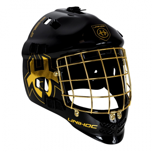 Unihoc Shield Målmandshjelm - sort/guld i gruppen UDENDØRSSPIL / Floorball / Målmandsudstyr hos Spelexperten (12557)