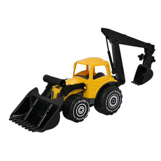 Plasto Traktor med frontlæsser og graver - Gul/Sort i gruppen LEGETØJ / Legetøjskøretøjer / Plasto hos Spelexperten (1673000YEB)