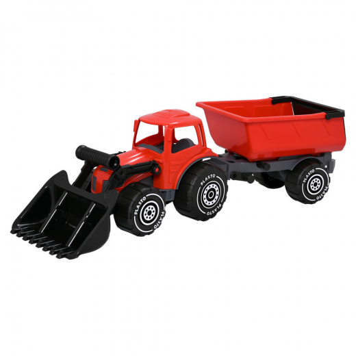Plasto Traktor med frontlæsser og trailer - Rød i gruppen LEGETØJ / Legetøjskøretøjer / Plasto hos Spelexperten (6410310116720)
