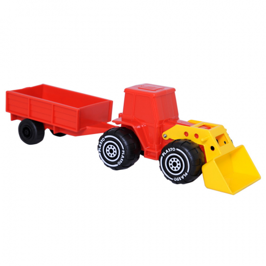 Plasto Traktor med frontlæsser og trailer - Rød/Gul i gruppen LEGETØJ / Legetøjskøretøjer / Plasto hos Spelexperten (6410310119226)