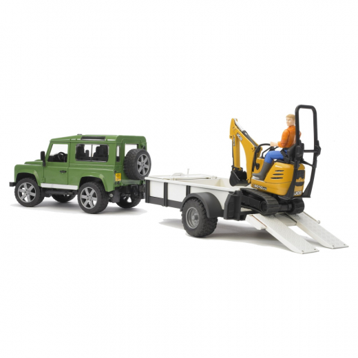 Bruder Land Rover Defender med trailer inkl. JCB Minilæsser + figur i gruppen LEGETØJ / Legetøjskøretøjer / Bruder hos Spelexperten (BR2593)