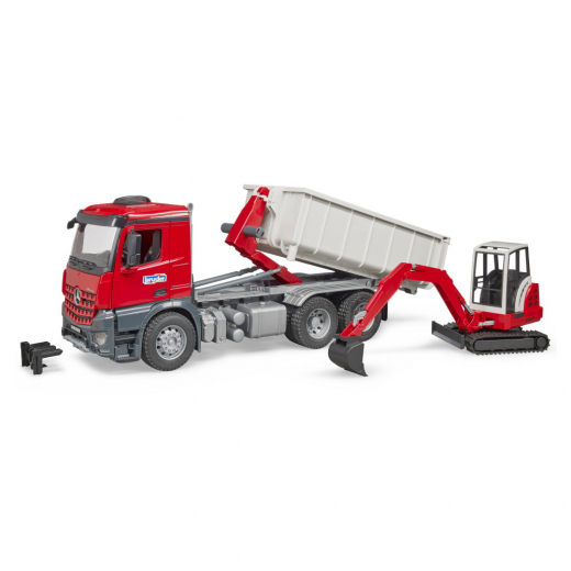 Bruder MB Actros Lastbil med Roll-off container + Schaeff HR16 minigraver i gruppen  hos Spelexperten (BR3624)