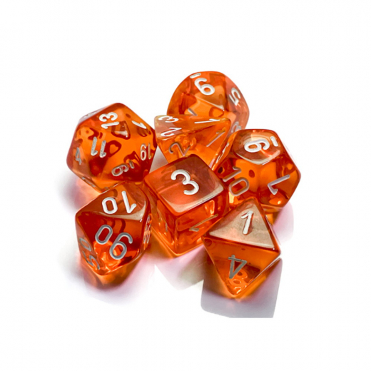 Dice Set 7 Translucent Orange/White i gruppen SELSKABSSPIL / Tilbehør / Terninger & tilbehør hos Spelexperten (CHX23073)