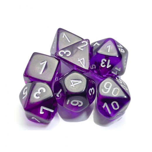 Dice Set 7 Translucent Purple/White i gruppen SELSKABSSPIL / Tilbehør / Terninger & tilbehør hos Spelexperten (CHX23077)