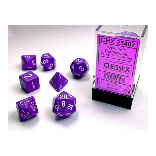 Dice Set 7 Opaque Purple/White i gruppen SELSKABSSPIL / Tilbehør / Terninger & tilbehør hos Spelexperten (CHX25407)
