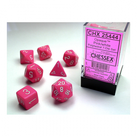 Dice Set 7 Opaque Pink/White i gruppen SELSKABSSPIL / Tilbehør / Terninger & tilbehør hos Spelexperten (CHX25444)