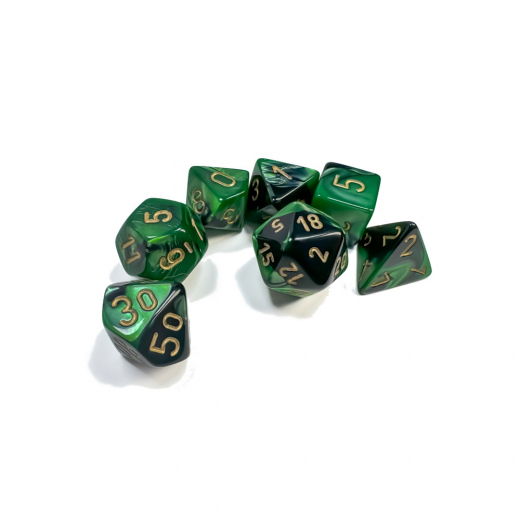 Dice Set 7 Gemini Black-Green/Gold i gruppen SELSKABSSPIL / Tilbehør / Terninger & tilbehør hos Spelexperten (CHX26439)