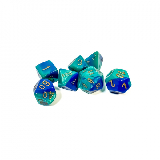 Dice Set 7 Gemini Blue-Teal/Gold i gruppen SELSKABSSPIL / Tilbehør / Terninger & tilbehør hos Spelexperten (CHX26459)