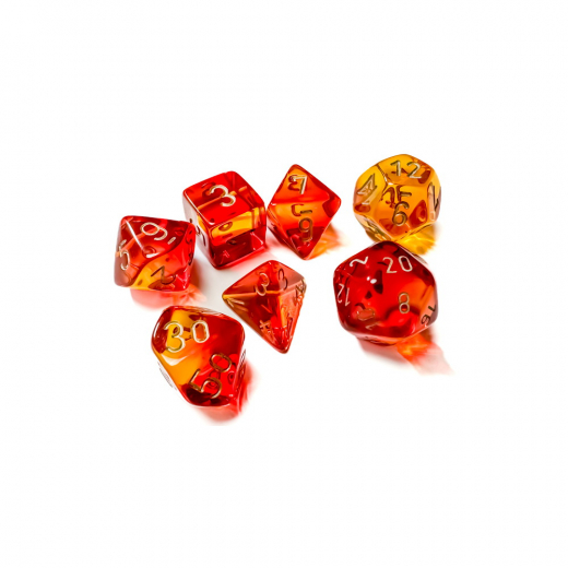 Dice Set 7 Gemini Translucent Red-Yellow/Gold i gruppen SELSKABSSPIL / Tilbehør / Terninger & tilbehør hos Spelexperten (CHX26468)