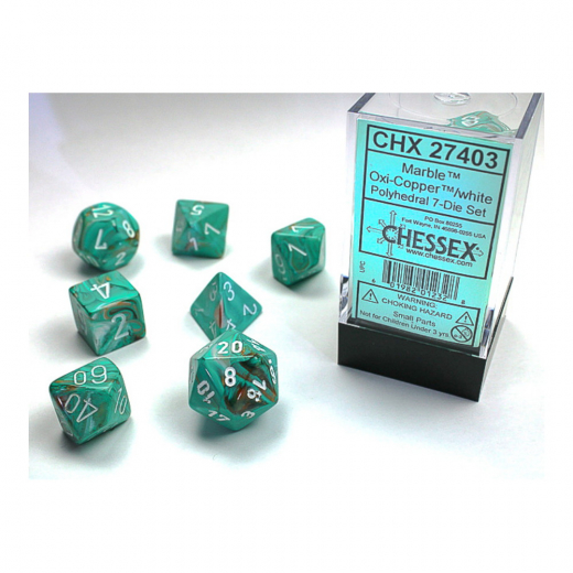 Dice Set 7 Marble Oxi-Copper/White i gruppen SELSKABSSPIL / Tilbehør / Terninger & tilbehør hos Spelexperten (CHX27403)