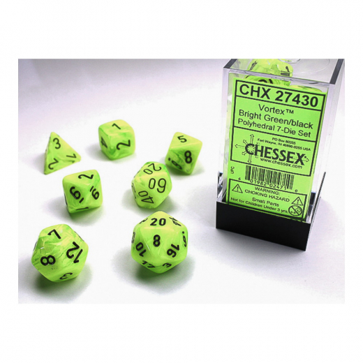 Dice Set 7 Vortex Bright Green/Black i gruppen SELSKABSSPIL / Tilbehør / Terninger & tilbehør hos Spelexperten (CHX27430)