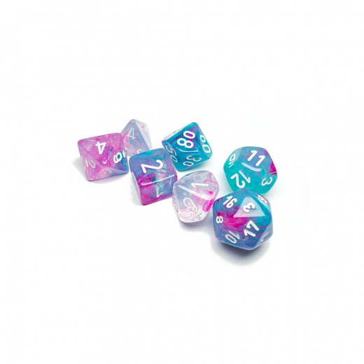 Dice Set 7 Nebula Wisteria/White Luminary i gruppen SELSKABSSPIL / Tilbehør / Terninger & tilbehør hos Spelexperten (CHX27545)