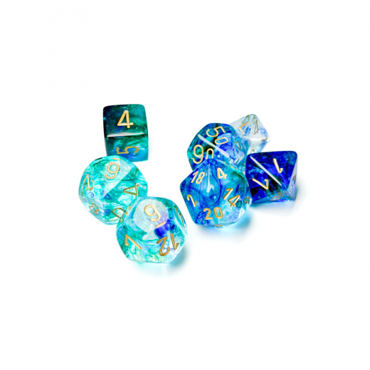 Dice Set 7 Nebula Oceanic/Gold Luminary i gruppen SELSKABSSPIL / Tilbehør / Terninger & tilbehør hos Spelexperten (CHX27556)