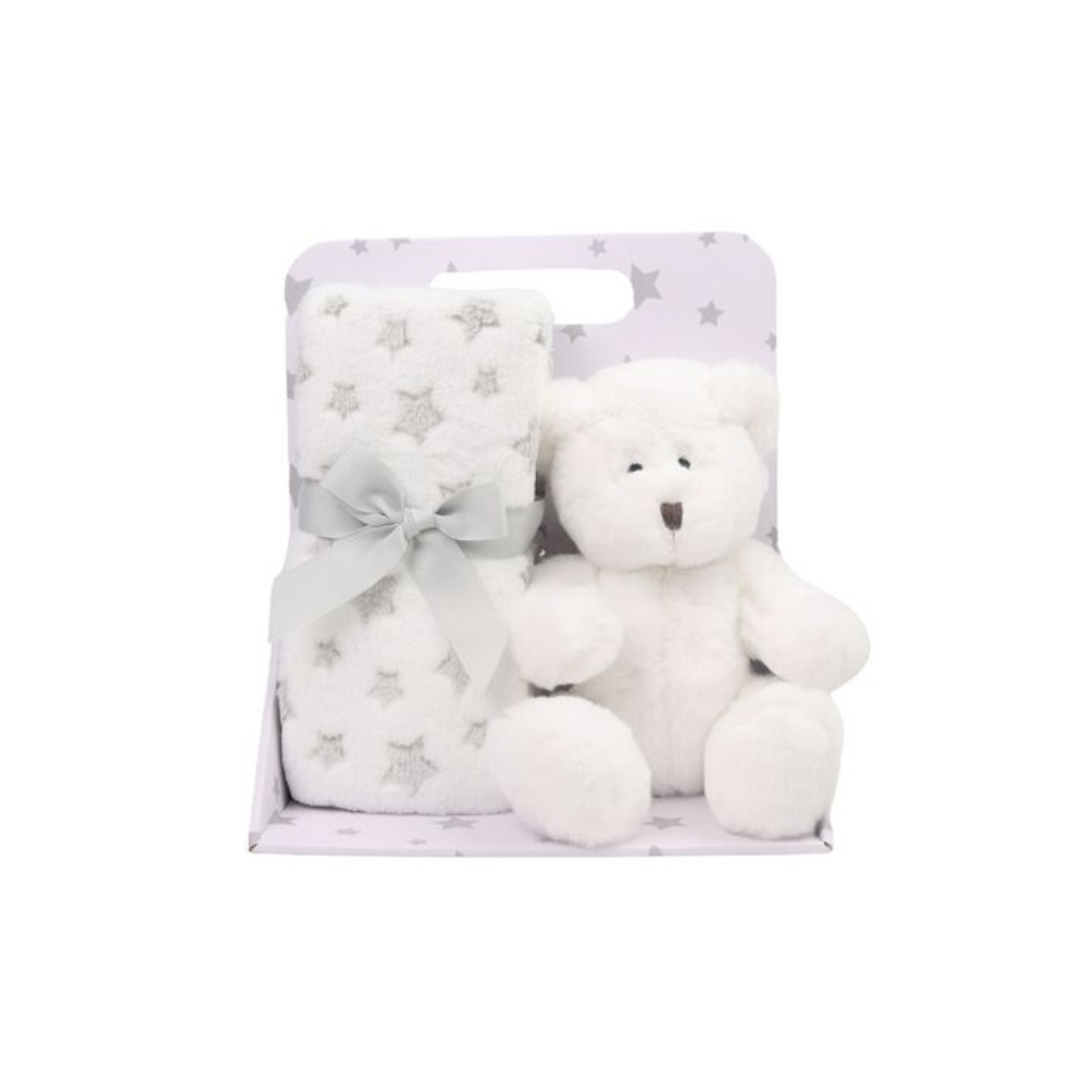 Fleece tæppe & blødt legetøj Hvid bamse