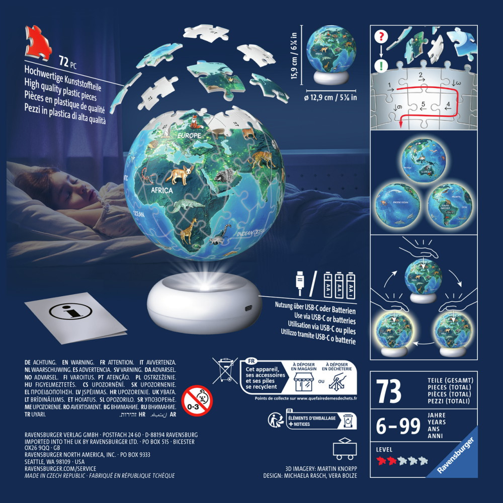 Ravensburger 3D - Jordglob Med Natlampe 73 brikker