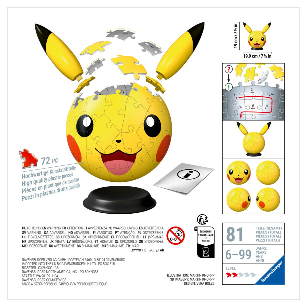 Ravensburger 3D Pokémon Pikachu med ører 72 Brikker