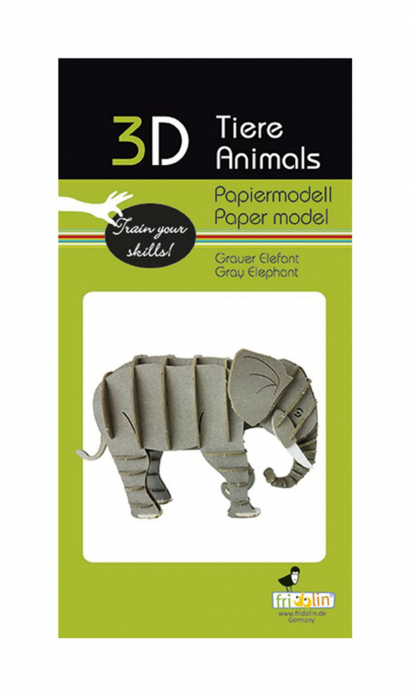3D papirpuslespil, elefant, grå