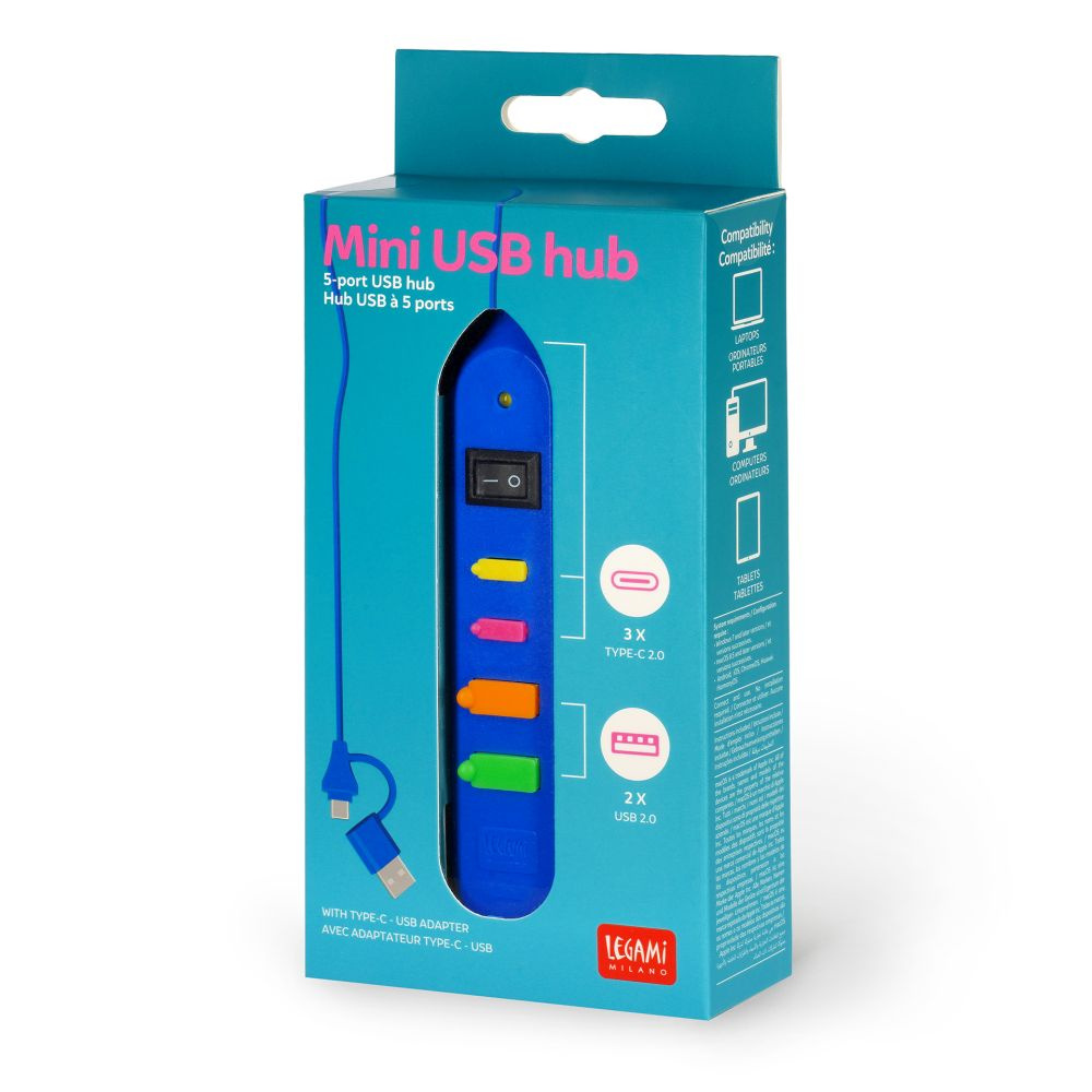 Mini USB Hub 5 kontakter blå