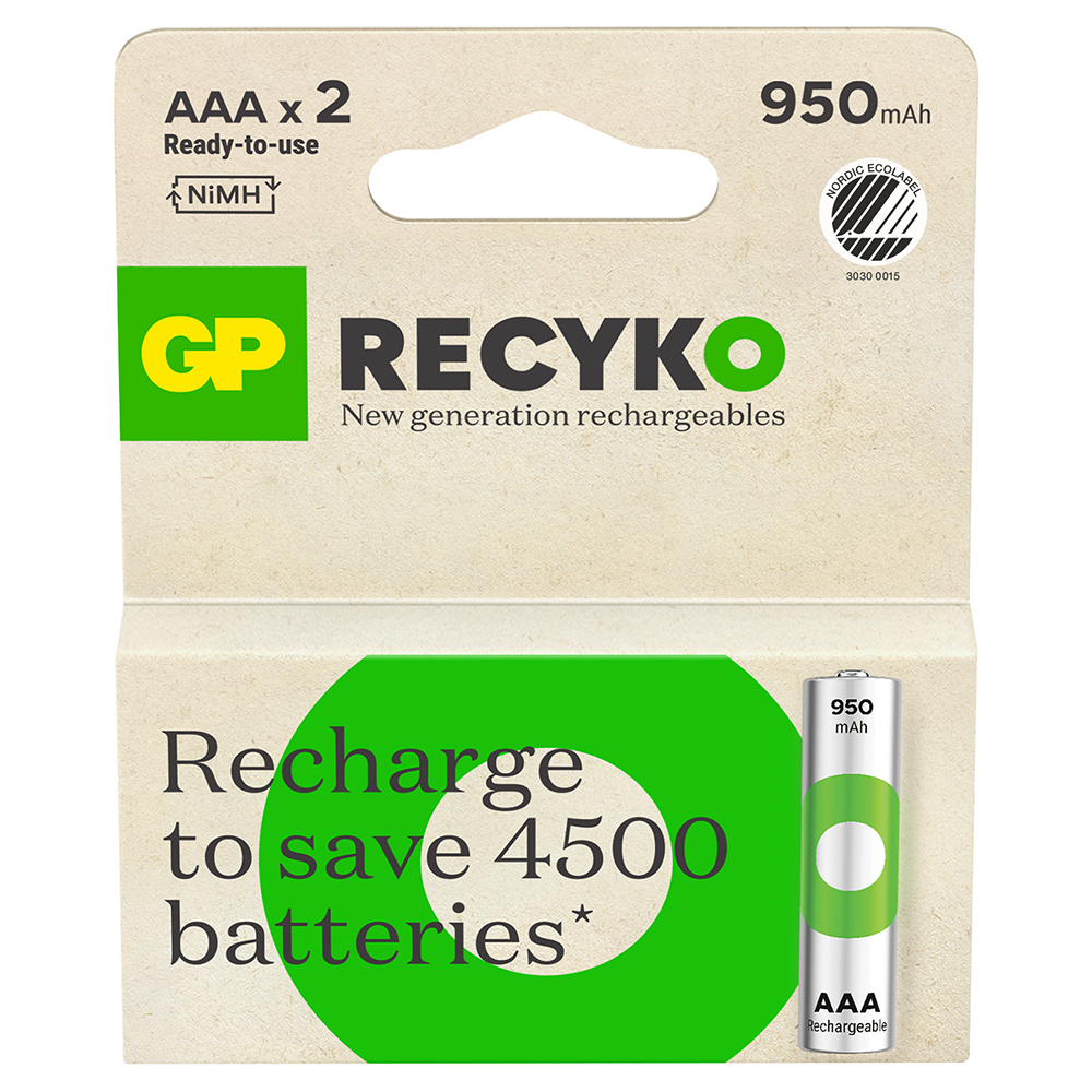 GP Recyko AAA battery, 950mAh, 2-pack